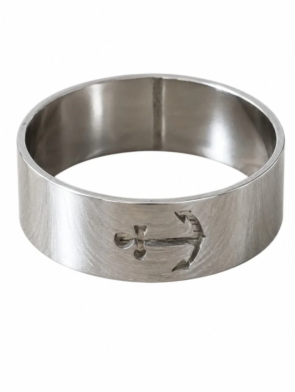 Stainless Steel Ring Size 10 Anchor Engraved Cut Out Silver Tone Wedding Band